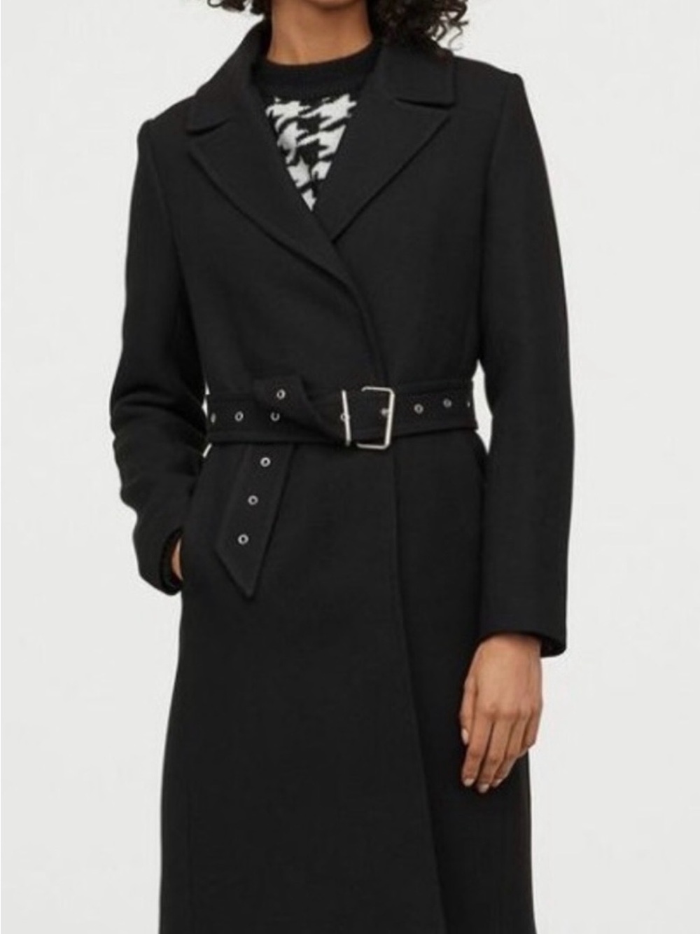 H&M Dress Coat Trench Black Tailored Mid-length Gold accents Midi Long Dressy 12